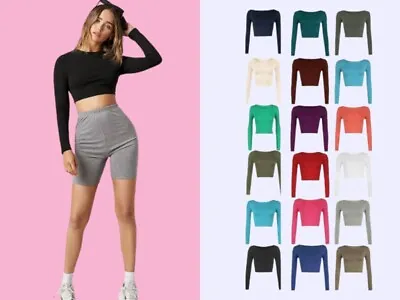 Ladies Round Neck Long Sleeve Crop Top T Shirt Tops Womens Top 8-14 • £4.13