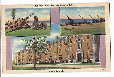 ANTI-AIRCRAFT ARTILLERY Fort Sheridan BATTERY BARRACKS IL Postcard Linen 1943 • $5.99