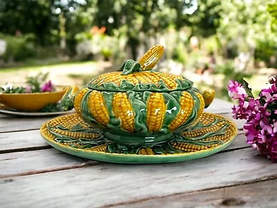 Majolica Corn Dish Covered Tureen With Plate Made In Portugal Bordallo Rare VNTG • $220.34