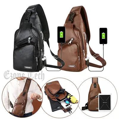 Mens Sling Backpack PU Leather Cross Body Chest Bag Fanny Packs USB Charging NEW • $8.85