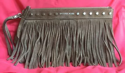 Michael Kors Beige Suede Fringe Clutch Zip Close Wrist Strap Preowned • $24.99