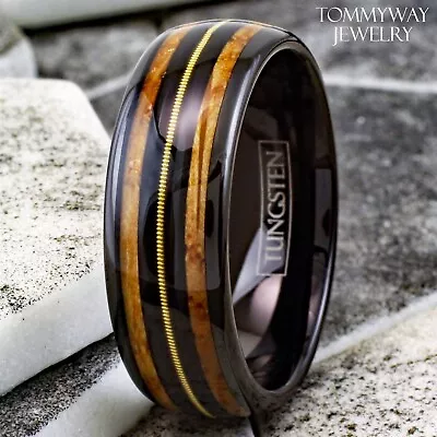 8mm Black Tungsten Whiskey Barrel Wood W/ Guitar String Men's Wedding Band Ring • $24.99