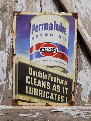 Vintage Amoco Porcelain Sign Old Permalube Garage Gas Station Motor Oil Service • $136.62