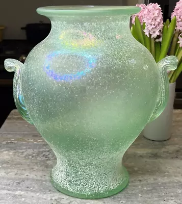 Monumental Jade Green Scavo Silvestri Art Glass Double Handled Vase 14  Height • $275