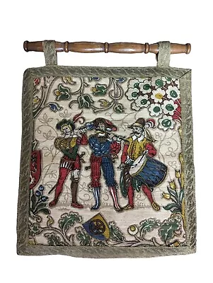 Vintage Italian Silk Damask Beaded Wall Hanging Tapestry Travelling Musicians  • $42.35