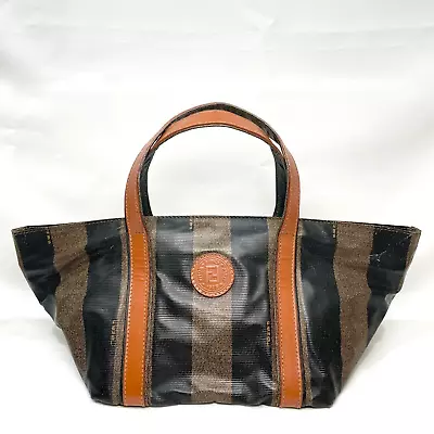 FENDI Vintage Pequin Hand Bag Mini Tote Bag Purse Pouch PVC Leather Brown Auth • $129.99