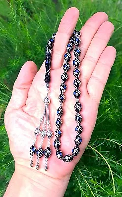 Erzurum Oltu Turquoise & 1000K Silver Inlay Prayer Beads Misbaha تسبيح Masbaha • $180.15