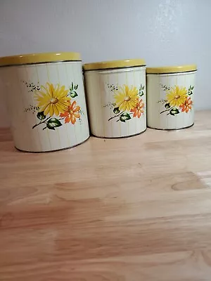 VTG Decoware USA Metal Tin Canister Set W/  Lids Nesting 3 Piece Dogwood Yellow • $24.99