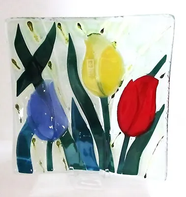 Mdina Glass - Fused Art Glass Plate  Tulips ” Etch Signed- Malta- 6 1/4  Square • $19.99