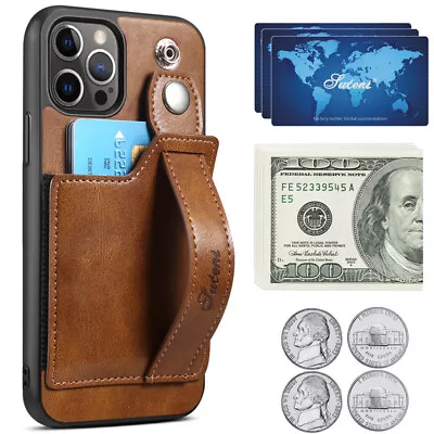 $17.88 • Buy For IPhone 14 Pro Max 13 12 11 8 XS XR Card Slot Leather Case Wrist Strap Cover