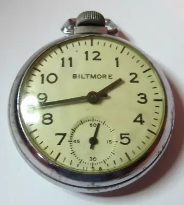 Antique Mens Usa Ingraham Biltomore Pocket Watch Silver Tone Manual Wind Runs • $67.50