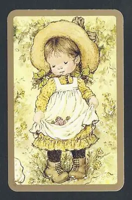 #800.450 Vintage Swap Card -NEAR MINT- GENUINE Sarah Kay Girl In Pinafore Gold • $2