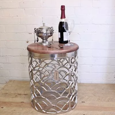 £80 • Buy Jantar Metal Side Table Rough Cast Aluminium Wood Top Shabby Chic Round Moroccan