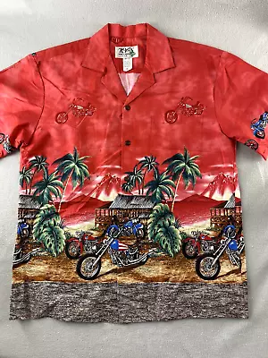 Ky's Hawaiian Camp Shirt Red Motorcycle Print Short Sleeve Men Size M • $14.98