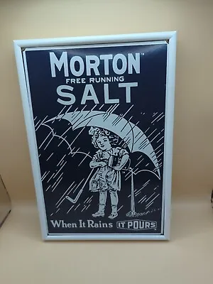 Vintage 1914 Design Morton Salt Umbrella Girl 8X12 Porcelain Enamel Framed Sign • $42.66