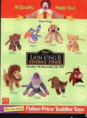 1998 Lion King Ii Simba's Pride Mcdonalds Happy Meal Plush Toys -  U Pick • $3.99