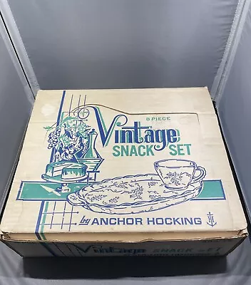 Vintage ANCHOR HOCKING Early American Prescut 8 Piece Snack Set Still In Box • $15