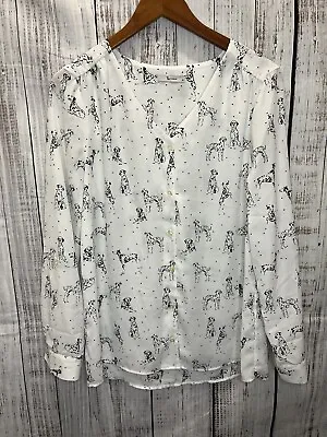 Tu Shirt Womens 14 White Dalmation Long Sleeve Button Up V Neck Roll Tab Dog Fun • £20.85