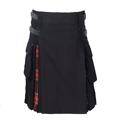 Men's Hybrid Leather Straps Cotton & Tartan Utility Kilt - Black Stewart • £29.99