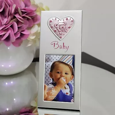 10 X Pink & Silver Teddy Bear Heart Baby Photo Frame Baptism Bomboniere Favours • $32.99
