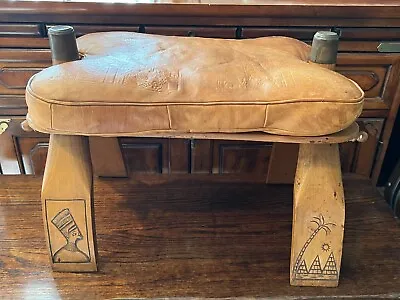 Vintage Egyptian Camel Saddle Studded Wood Leather Seat Foot Stoo1 9  X 13  • $299.99