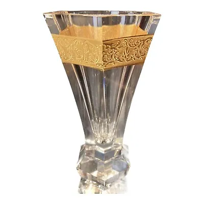 Moser Vintage Rare Unity Crystal Clear 6 Paneled Polish 3/4 Inch Gold Vase • $595