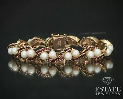 Vintage 14k Yellow Gold 5mm Pearl Bohemian Garnet Bracelet 33.5g 7 L I15270 • $2499