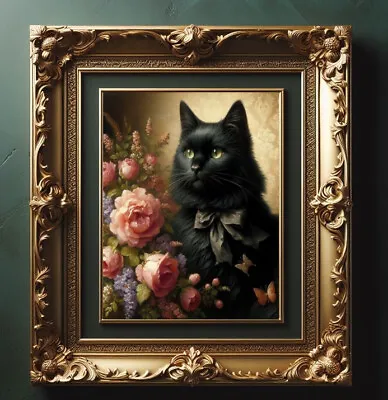 Victorian Country Fluffy Black Cat Spring Flowers Bow Vintage Oil Painting Art • $7.99