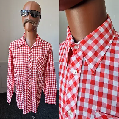 Vintage 1970s Gingham Check Shirt | XL | Red/White PolyCotton MOD  BC96 • £18