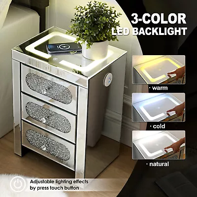 Mirrored Adjustable LED Light Nightstand End Table W/Charging StationUSBDrawer • $179.99