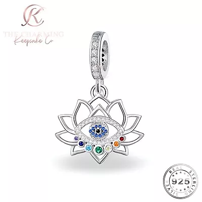 Evil Eye Lotus Flower Charm Genuine 925 Sterling Silver Good Luck / Fortune Gift • £16.99