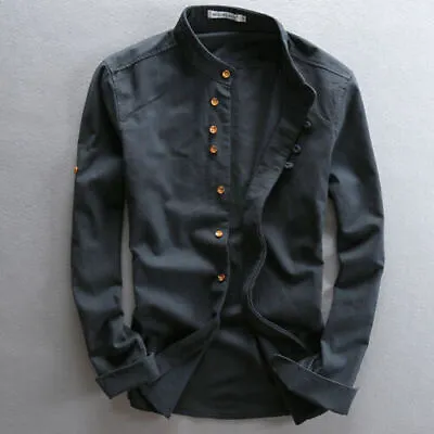 Mens Cotton Linen Shirt Long Sleeve Mandarin Collar Business Dress Shirts • $39.99