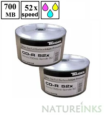 100 Traxdata Inkjet Printable Silver CD-R 52x 700MB 80 Min Ritek Blank CD Discs  • £19.99