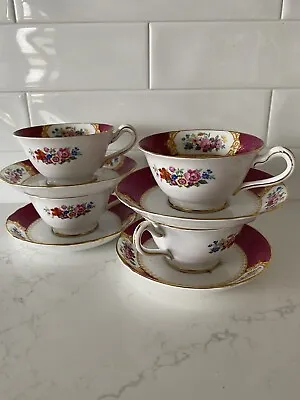 Vintage RARE Tea Cup Saucer Flowers Gold Pink - Ye Old English Grosvenor 4 Sets • $40