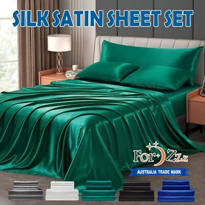 Hotel 2000TC 4 Pieces Silk Satin Flat Fitted Bed Sheet Set Queen Super King Bed • $12.49