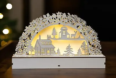 Christmas Candle Bridge Decoration White Wooden Village Scene Light Up Arch Xmas • £10.99