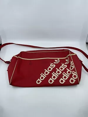 Vintage Adidas Gym Travel Bag Vinyl Trefoil Logo Shoulder Strap Red Taiwán 70’s • $29.95