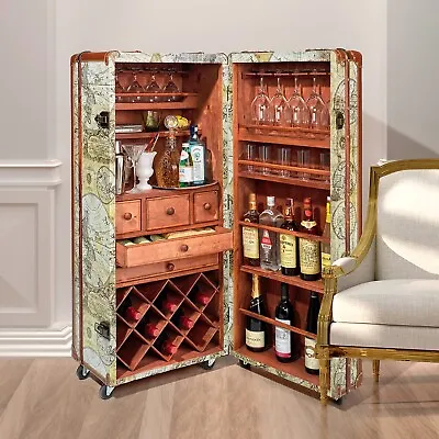 Vintage Italian-Style World Map Cocktail Bar Steamer Trunk Liquor Cabinet Wheels • $1345