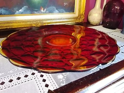 Vintage Amberina Glass Short Pedestal Cake Stand Star Pattern With Scalloped Rim • $34.50