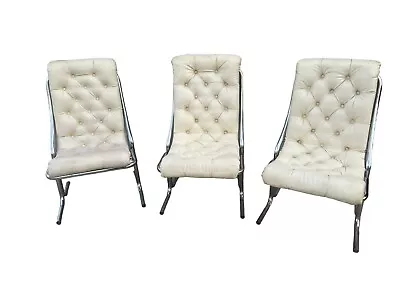 Vtg Set Of 3 Daystrom Mid Century Chrome Puffy White Tufted Vinyl Sling Chair • $599.99