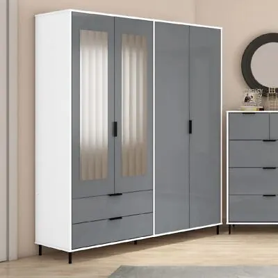 Madrid Grey And White Gloss 4 Door 2 Drawer Mirrored Wardrobe Bedroom Furniture • £339.99
