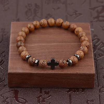 New Hematite Cross Wooden Bracelets Stretchy Bracelet Beads Wooden For Men Women • $2.17