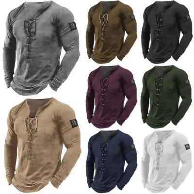 Mens Holiday Medieval Long Sleeve T-shirt Casual Party Lace Up Blouse Tee Tops • £3.99