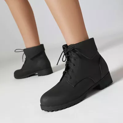 Womens Faux Leather Biker Boots Lace Ups Riding Ankle Boots Vintage Brogue Shoes • $61.73