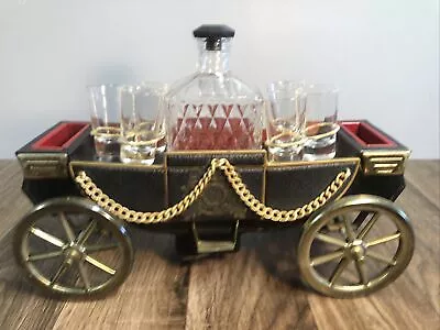 Vintage Metal Carriage Music Box Decanter Barware Bottle 6 Shot Glass Quirky D5 • $90