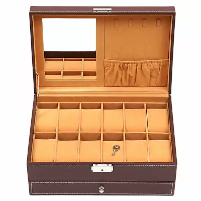 12 Slots Velvet Jewelry Box W/Lock Men Women Watch Rings Organizer Storage Case • $38