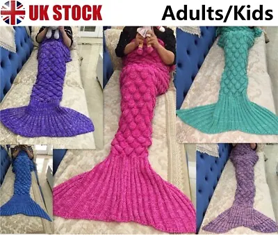 Kids Adult Mermaid Tail Blanket Fish Scales Crocheted Knitted Sofa Quilt UK Ship • £8.55