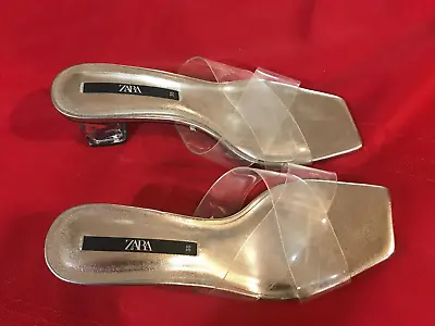 Zara Womens Sandals Size 38 (7/8) Silver With Transparent Straps & Lucite Heels • $33.99