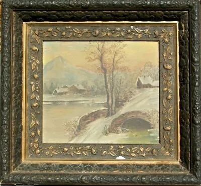 Antique Oil Painting Winter Village Snow Scene Mountain Bridge Houses On Lake • $58