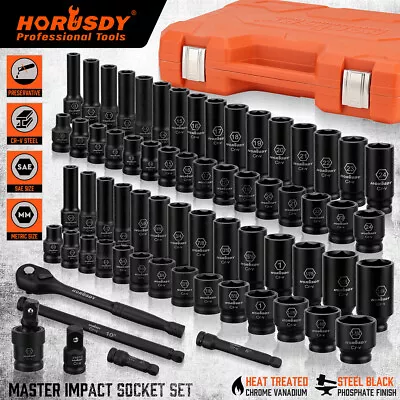 HORUSDY 66Pc 1/2  Impact Socket Set  Metric & SAE Deep Sockets Ratchet Wrench • $148.99